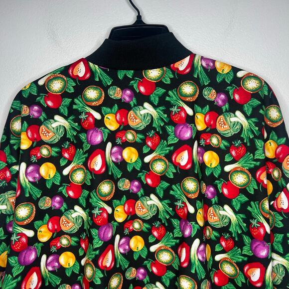 Vintage All Over Veggie Print Bomber Jacket Women's L Pockets Cotton Made in USA - Picture 8 of 13